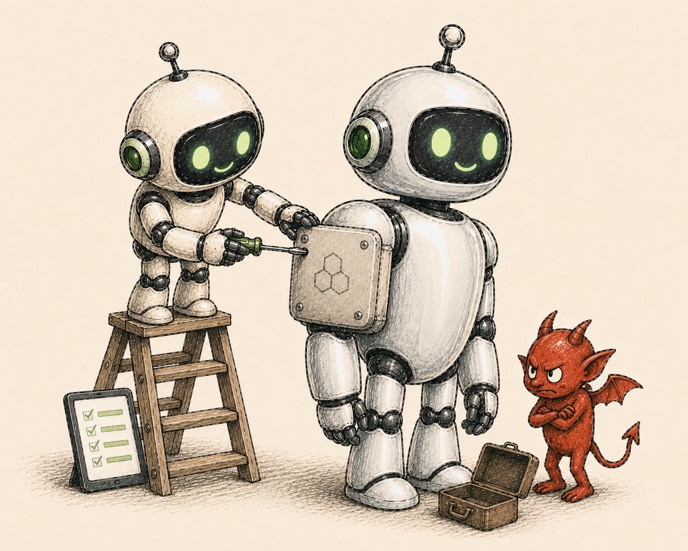 A maintenance robot on a stepladder sealing another robot's side drawer shut with a screwdriver, while a defeated imp stands nearby with an empty suitcase